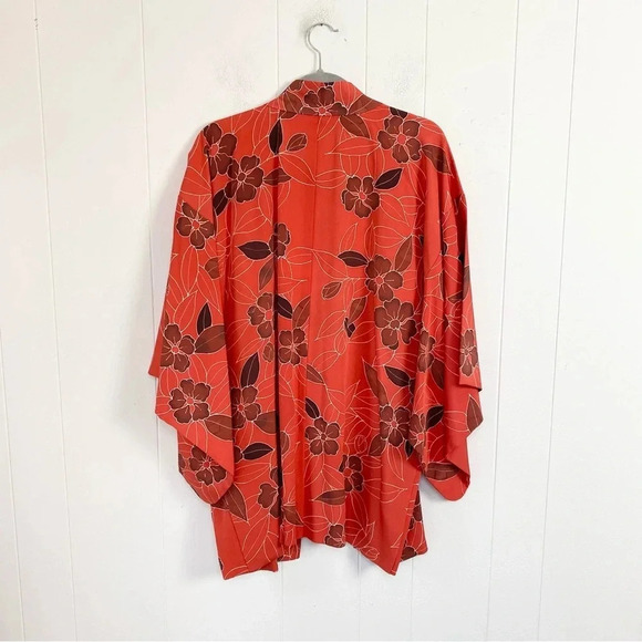 VTG Kimono Haori Traditional Japanese Jacket Silk Floral Pattern Red Coral OS - Picture 10 of 15